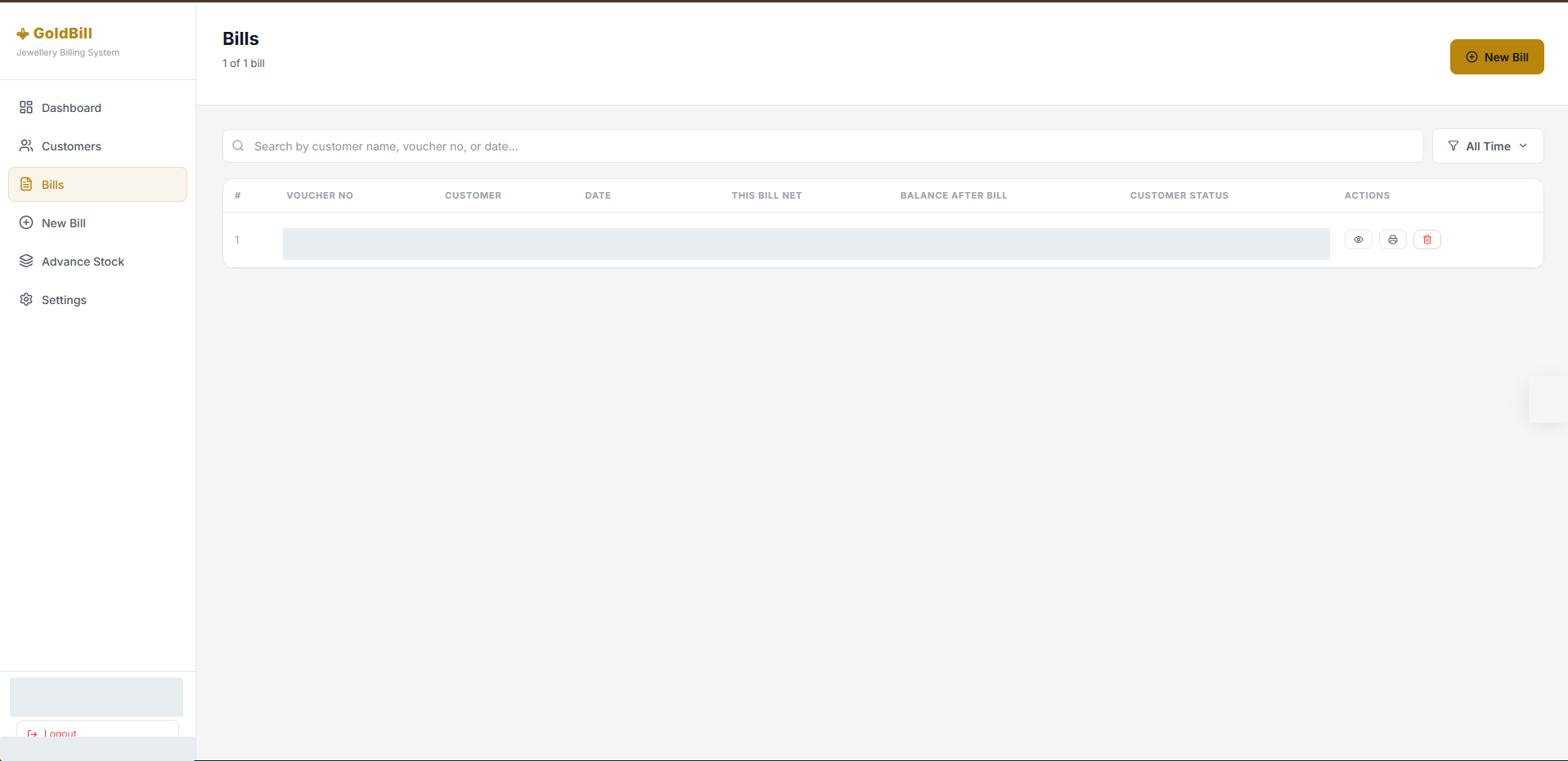 Customer billing history — A searchable bill register with balance status and print controls. Built by PentaForge; private values concealed.