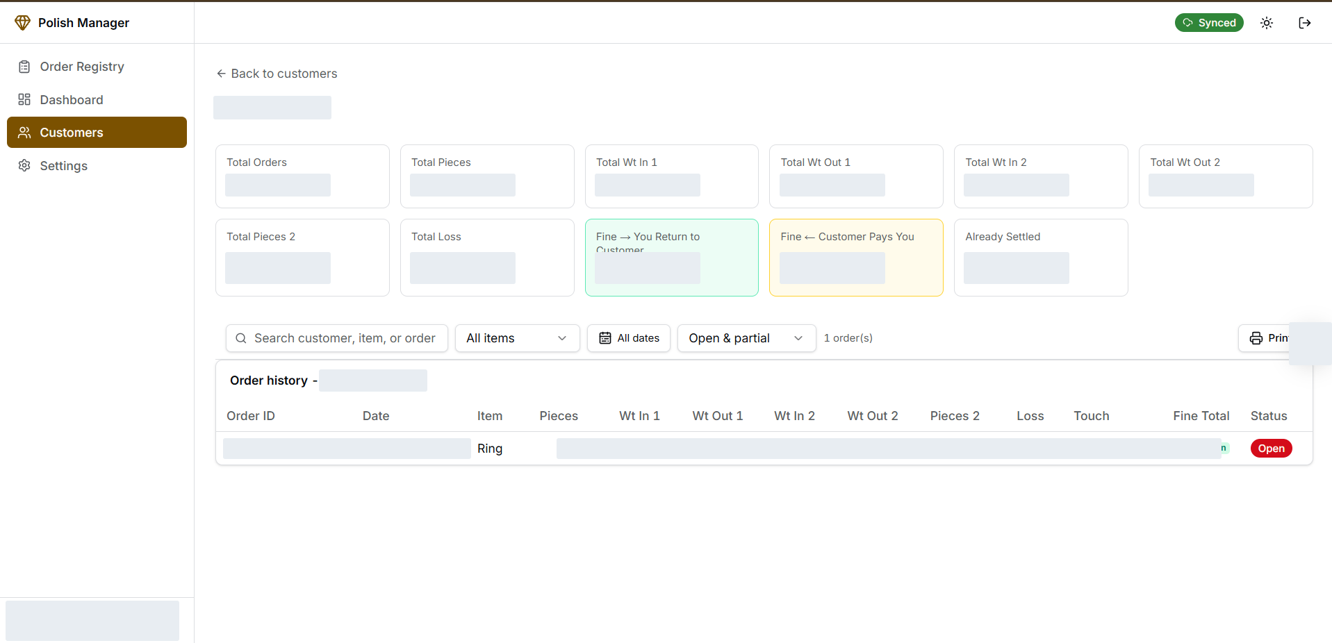 Polishing customer history — Customer totals and an order history make previous work and fine settlement positions easier to review. Built by PentaForge; private values concealed.