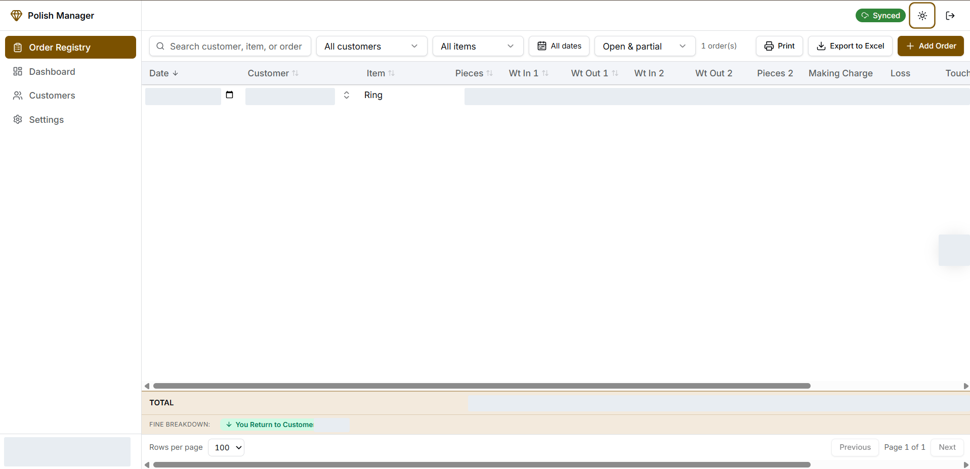 Polishing order registry — A table records customers, pieces, two weight passes, making charges, loss and touch, with print and Excel export controls. Built by PentaForge; private values concealed.